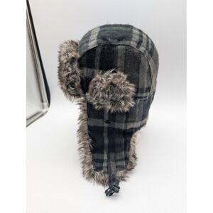 Lake of the Isles Plaid Trapper Hat Grey Green Faux Fur Lined L/XL